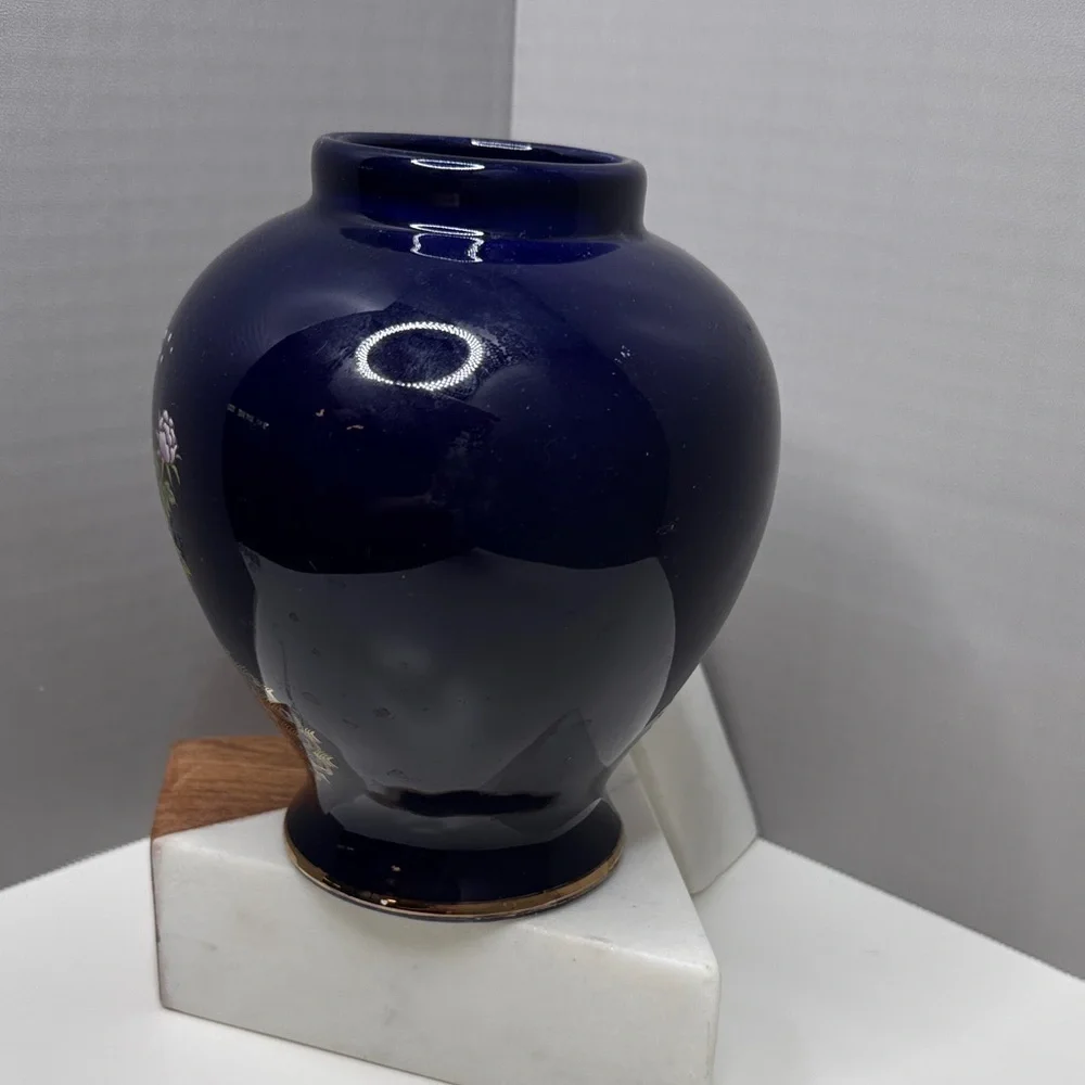Vintage Asian Cobalt Blue Peacock Vase Jar Cherry Blossoms Gold Accents